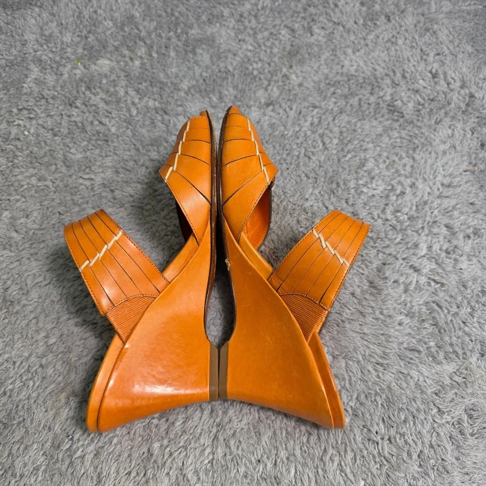 VTG Cole Haan NikeAir Wedge Sandals Orange Leather Woven Peep Toe Womens‎ 6.5 B